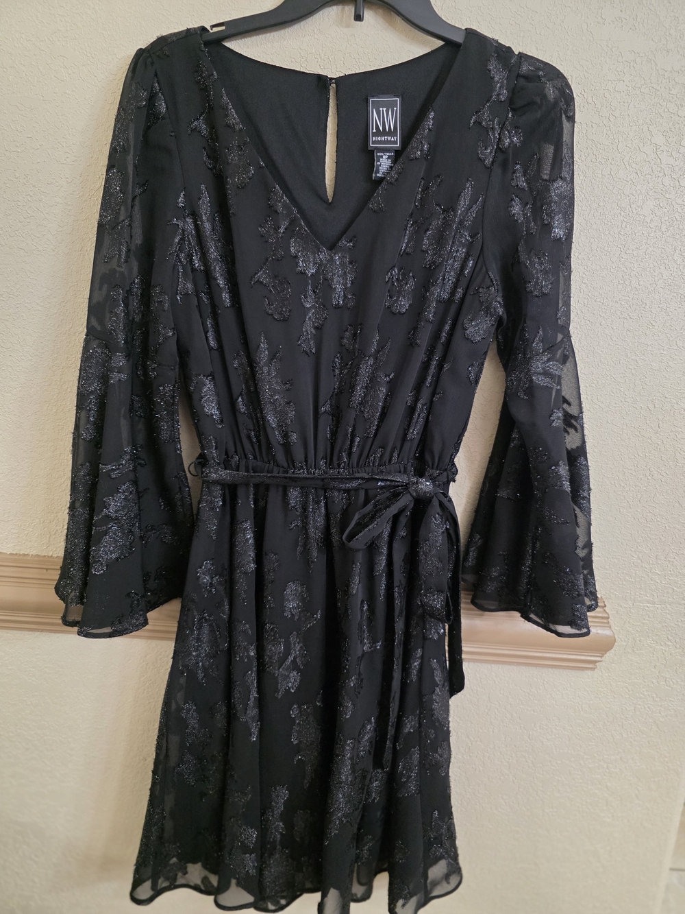 Night Way Collections Black Glitter Floral V-Neck Mini Dress